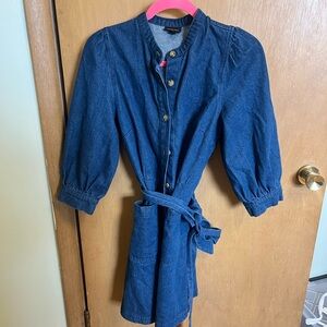 Denim Button-Up Cotton Dress with Tie and puffy sleeves M EUC